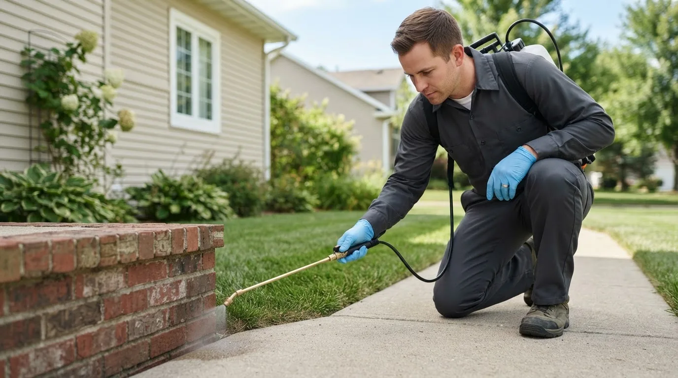 Pest control technician treating a home near Plainview, NE