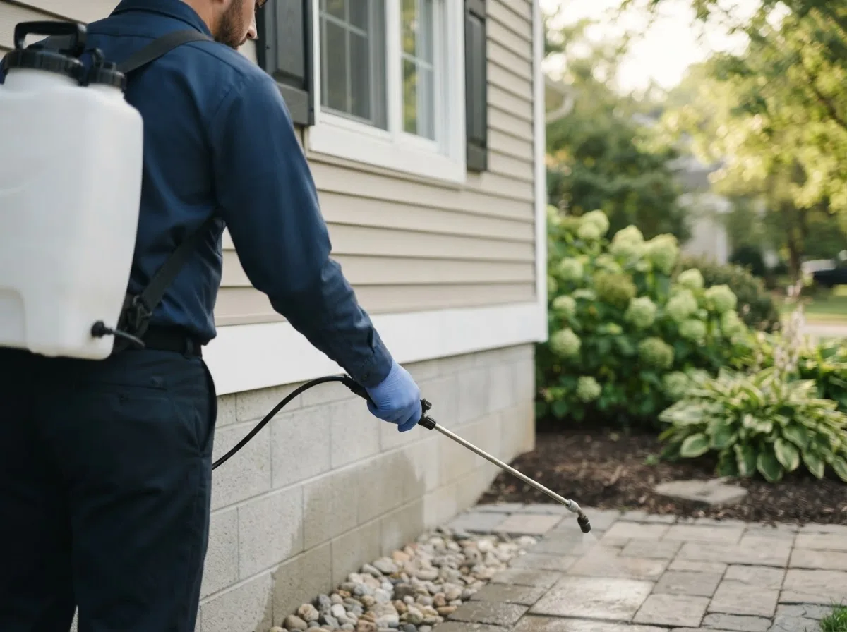 Pest control technician inspecting a home in Plainview, NE